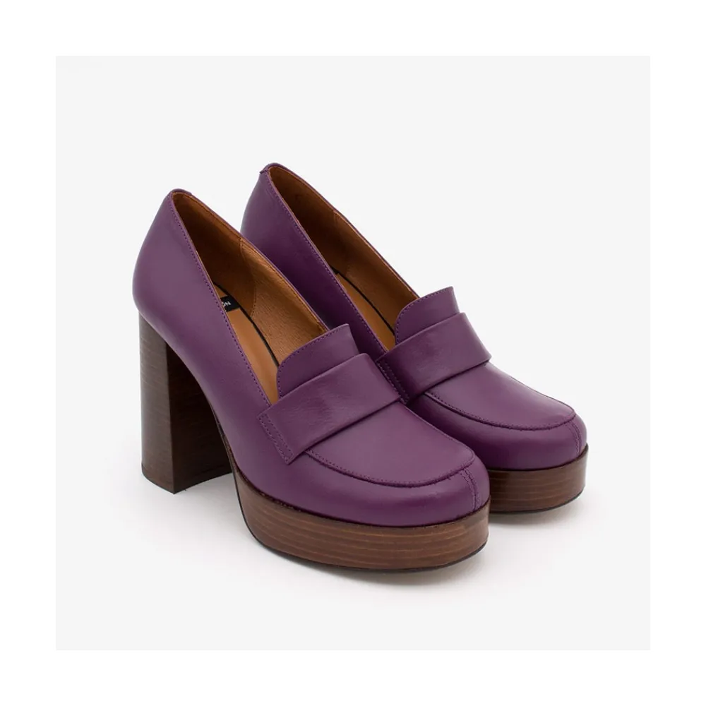 ANGEL ALARCON Petra - Women S Leather Moccasins With Wood Block High Heel And Platform<Vrouwen Heeled Shoes