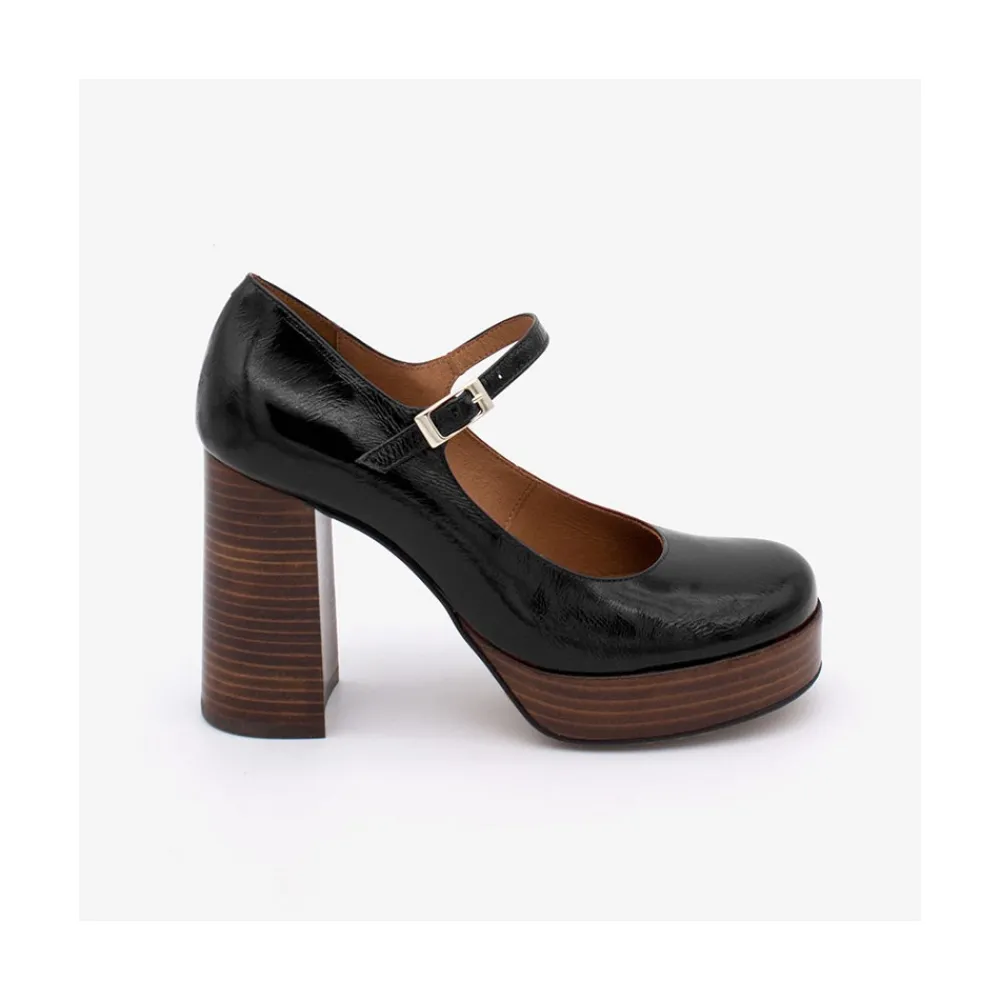 ANGEL ALARCON Soraya - Ankle Strap Shiny Leather Pump With Wood Platform And Block Heel<Vrouwen Heeled Shoes