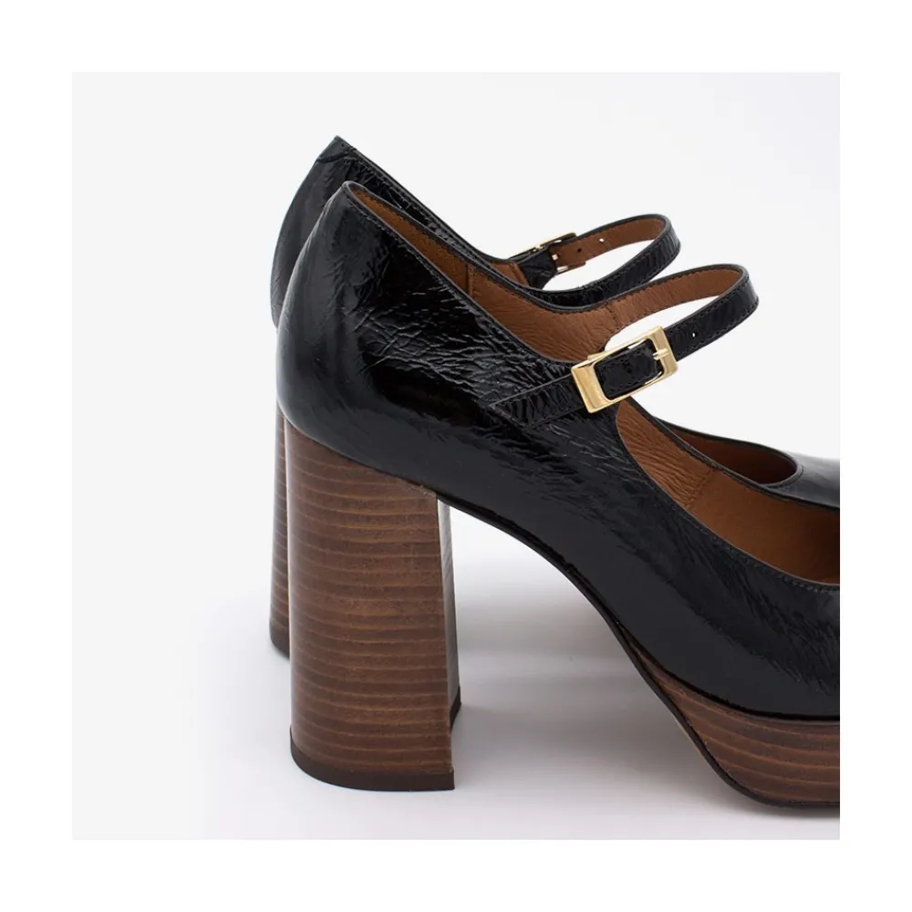 ANGEL ALARCON Soraya - Ankle Strap Shiny Leather Pump With Wood Platform And Block Heel<Vrouwen Heeled Shoes